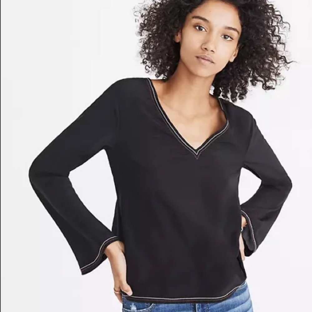 MADEWELL Silk Stitched Tie Back Top Black Extra Large XL V Neck